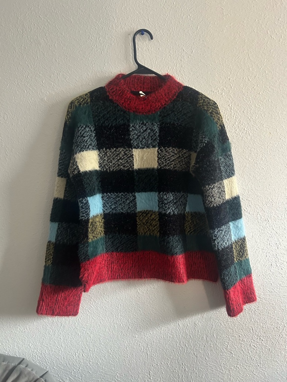Moth Fuzzy Plaid Crewneck Sweater in Red, Black, Cream & Blue